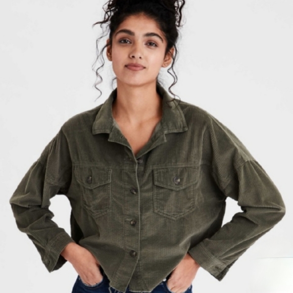 American Eagle Raw Hem Corduroy Crop Shirt - Picture 2 of 3